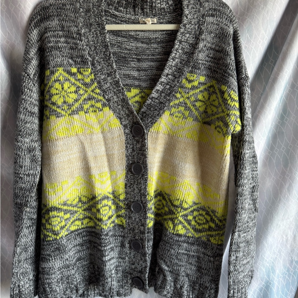 August Silk Gray, Beige and Neon Yellow Cardigan Sweater